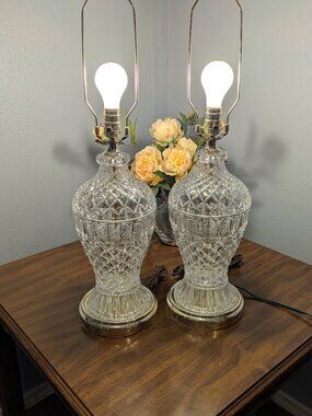 Pair of 29" Mid Century Crystal Cut Glass Table Lamps, Crystal and Gold Tone